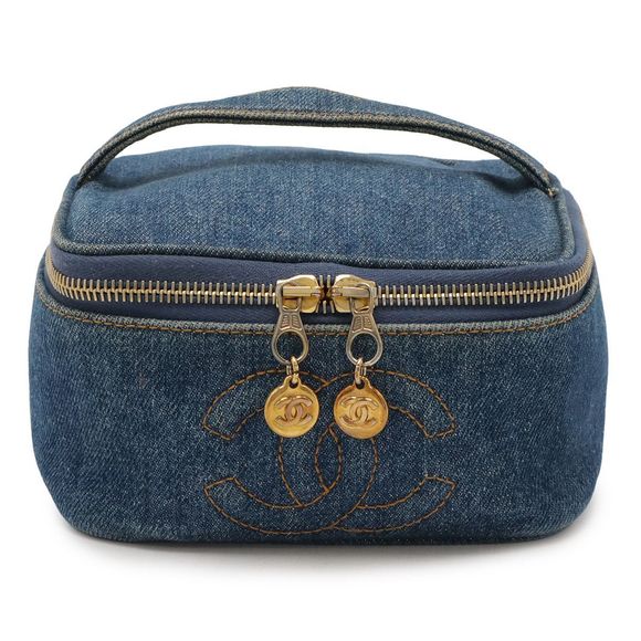 Chanel Coco Mark Denim Vanity Bag Handbag Cosmetic Pouch Makeup Pouch Blue Gold - Picture 1 of 7